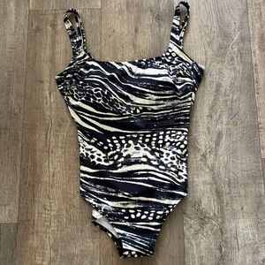 Gottex black One Piece Swimsuit Black and Ecru White Animal Skin Print Size 12